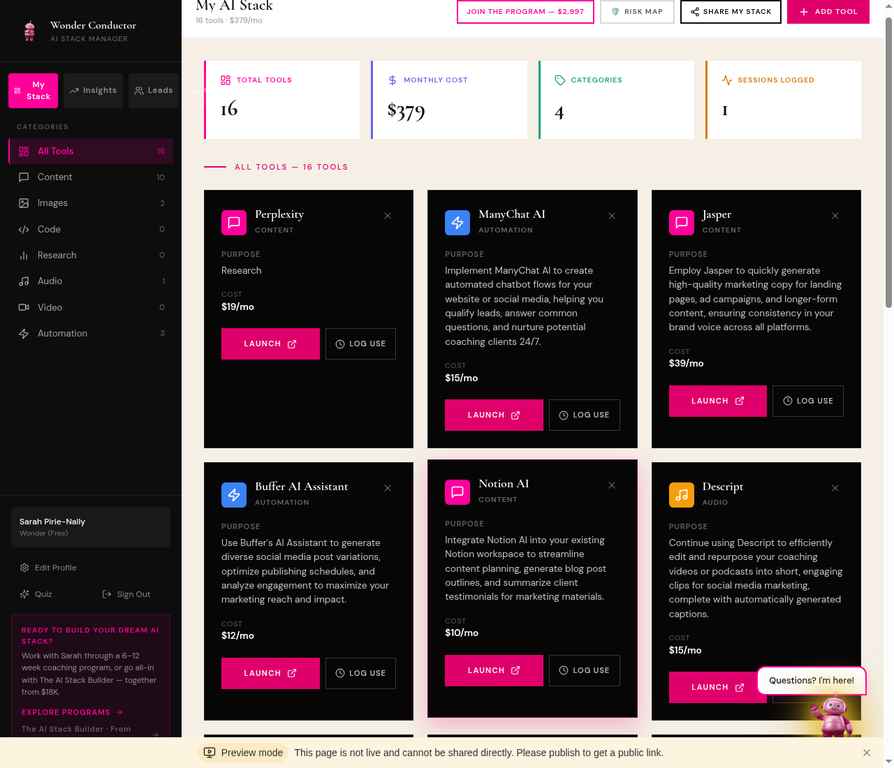 Wonder Conductor Stack View — all your AI tools in one place